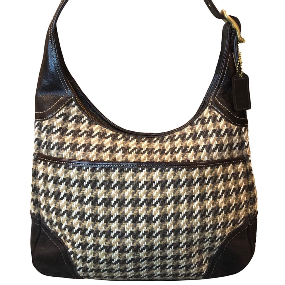 Vintage COACH Hampton Brown Leather & Houndstooth Wool Tweed Hobo Bag MINT COND